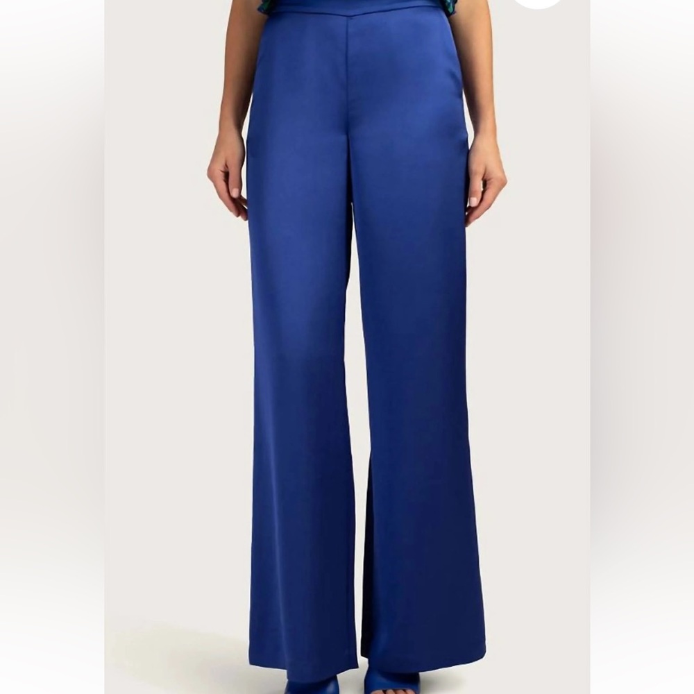 NWT Trina Turk Ines Wide Leg Royal Blue Side Zip Satin Pants - Picture 2 of 5